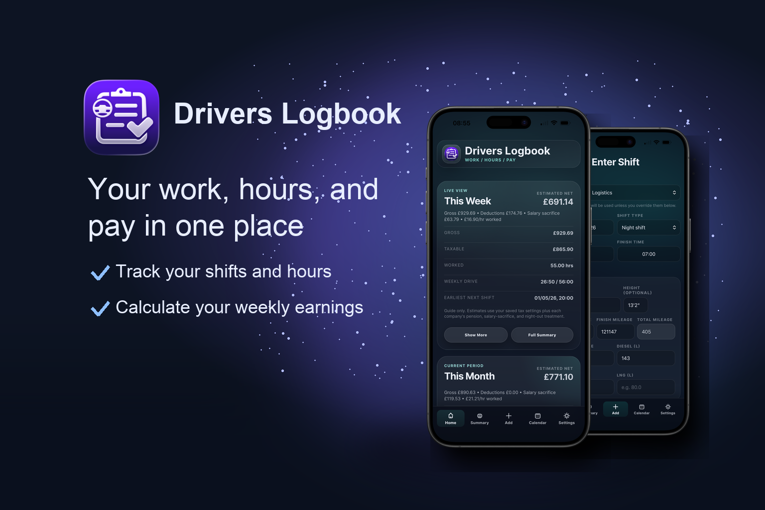 Drivers Logbook release version shown across three iPhone mockups.