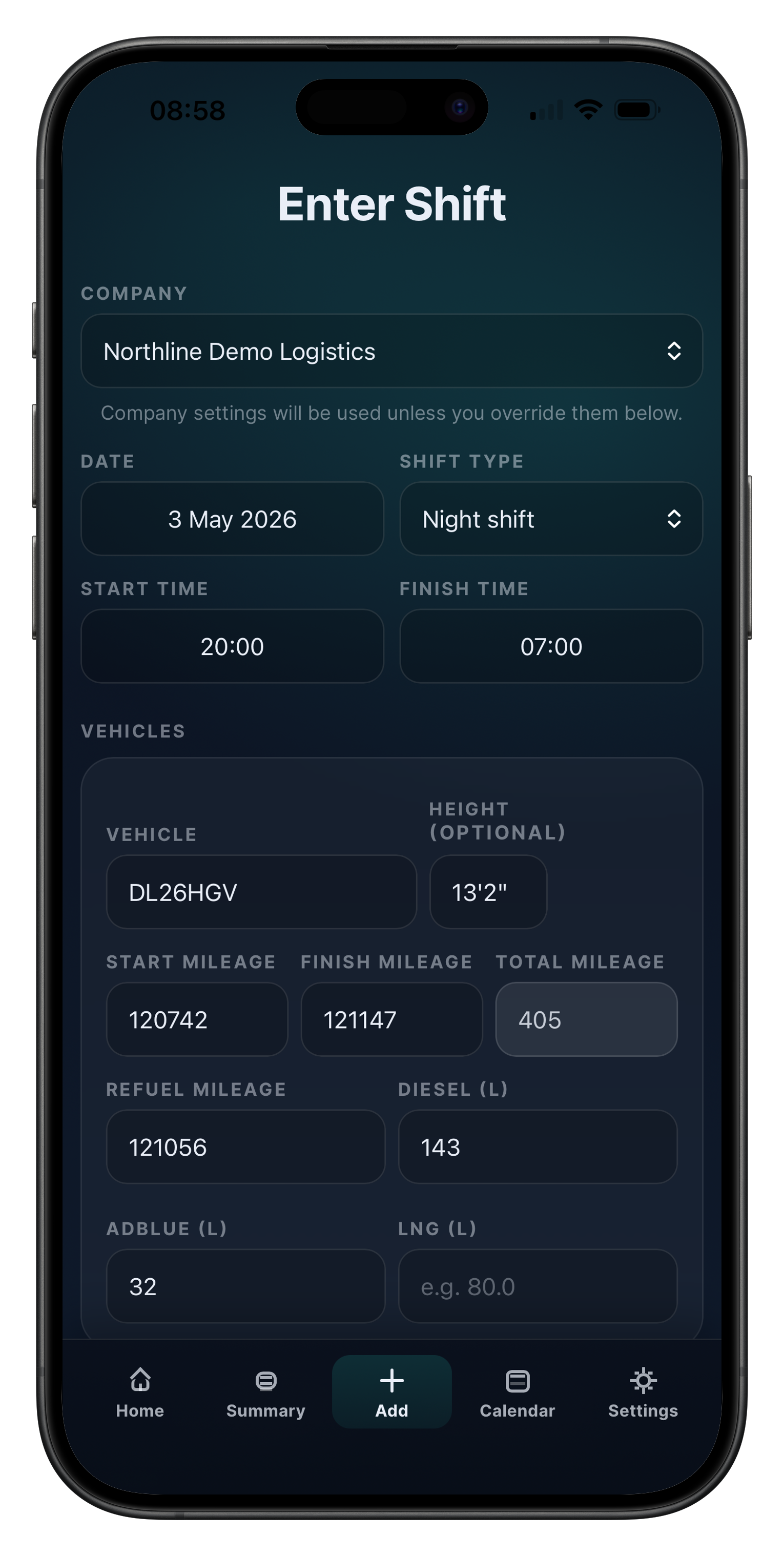 Drivers Logbook dark mode screenshot showing shift entry.