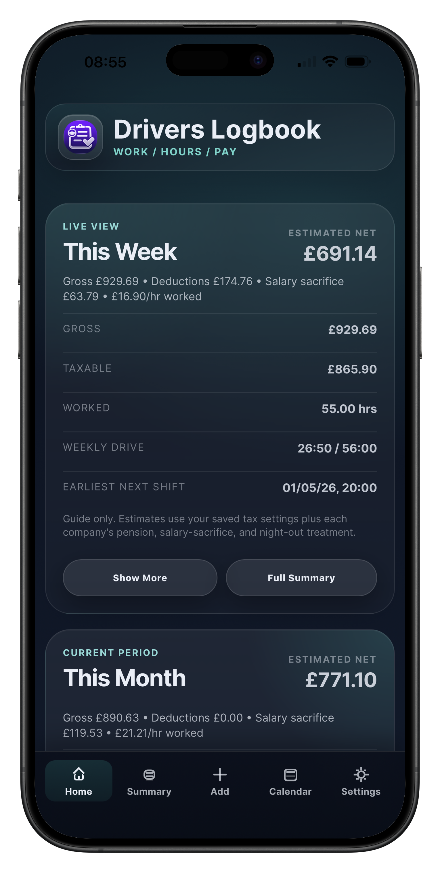Drivers Logbook dark mode screenshot showing the home dashboard.