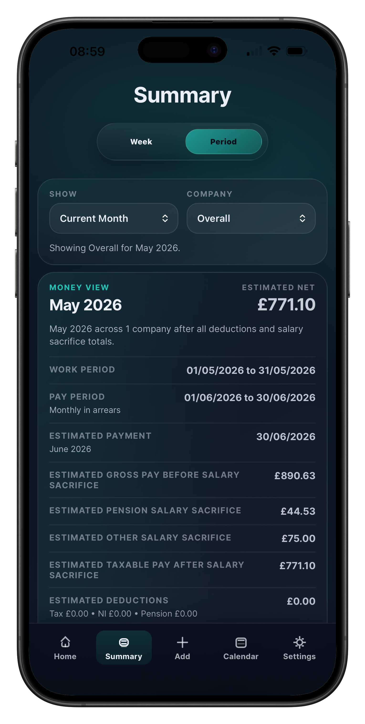 Drivers Logbook dark mode screenshot showing the summary view.