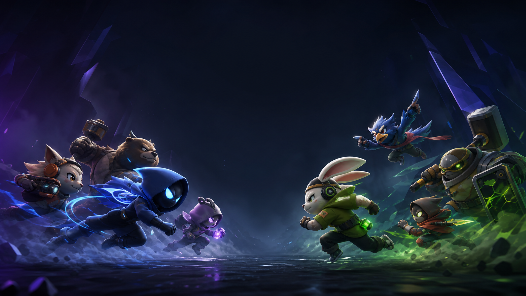 Signalpost cinematic mascot artwork with teams of stylised characters in motion.